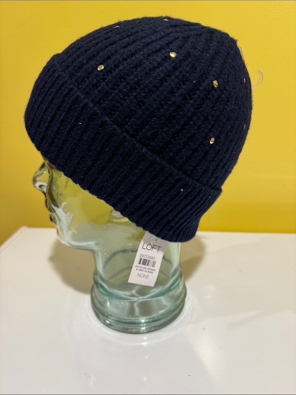 LOFT Navy Ribbed Beanie with Gold Studs